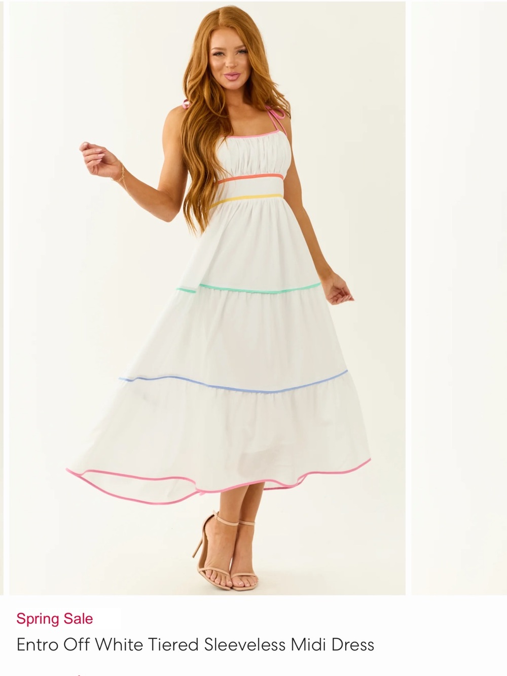 Lime Lush Boutique - White Tiered Sleeveless Midi Dress with Rainbow Trim